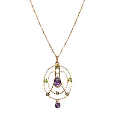Vintage 9ct Rose Gold Amethyst, Peridot & Pearl Pendant - Necklace - Walker & Hall