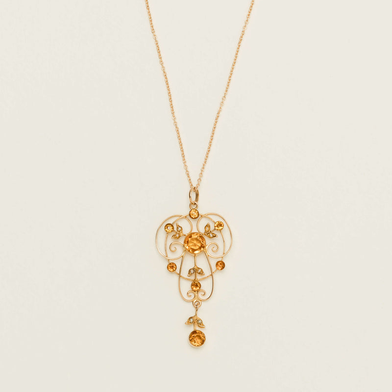 Vintage 9ct Rose Gold Citrine & Pearl Lavalier Pendant - Necklace - Walker & Hall