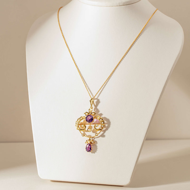 Vintage 15ct Yellow Gold Amethyst & Seed Pearl Pendant - Necklace - Walker & Hall