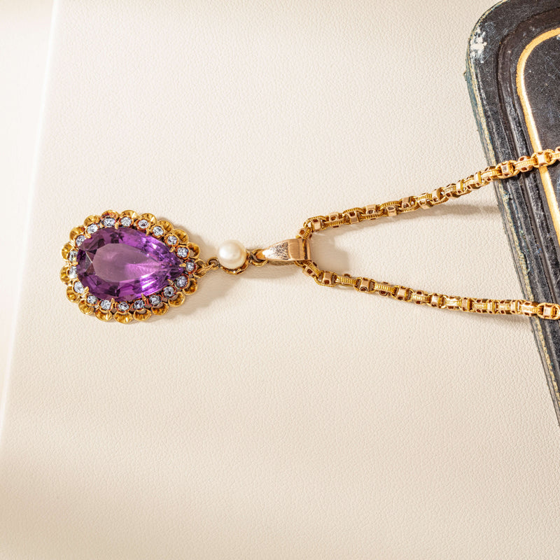Vintage 15ct Gold Amethyst & Pearl Edwardian Pendant - Necklace - Walker & Hall