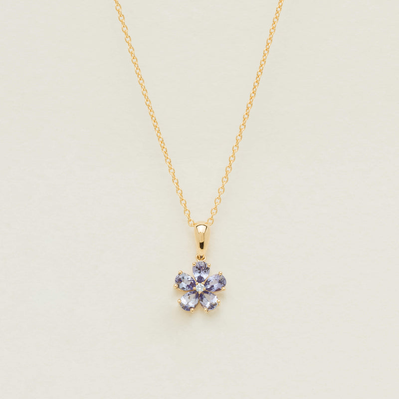 18ct Yellow Gold Tanzanite Forget-Me-Not Flower Pendant - Necklace - Walker & Hall