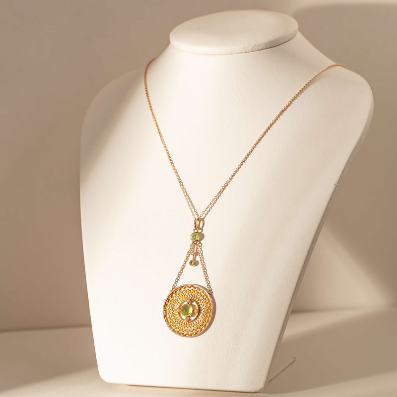 Vintage 9ct Rose Gold Peridot & Pearl Edwardian Pendant - Necklace - Walker & Hall