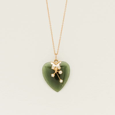 Vintage 9ct Yellow Gold Greenstone & Pearl Heart Pendant - Necklace - Walker & Hall