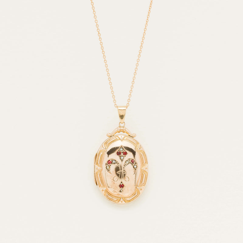 Vintage 9ct Rose Gold / Brass Red Glass & Pearl Locket