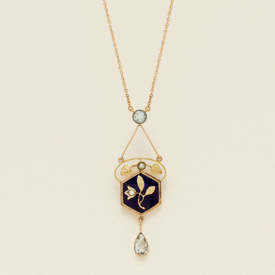 Vintage 15ct Gold Aquamarine, Seed Pearl & Enamel Pendant