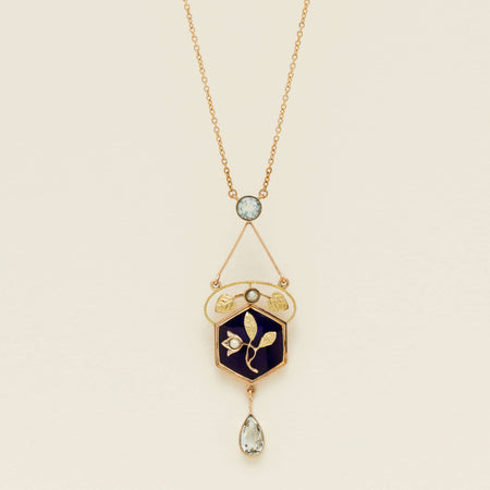 Vintage 15ct Gold Aquamarine, Seed Pearl & Enamel Pendant - Necklace - Walker & Hall