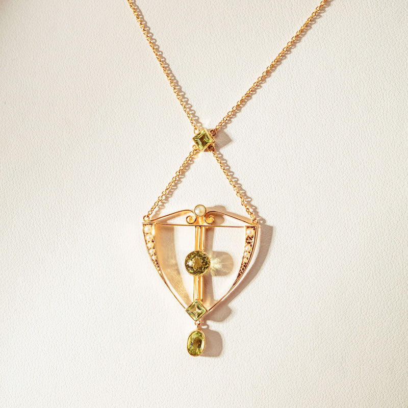 Vintage 9ct Rose Gold Peridot & Pearl Lavalier Pendant - Necklace - Walker & Hall