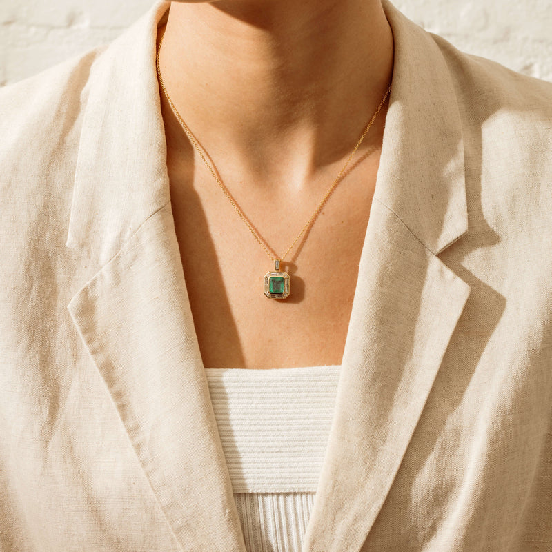 18ct Yellow Gold 3.04ct Emerald & Diamond Magritte Pendant - Necklace - Walker & Hall
