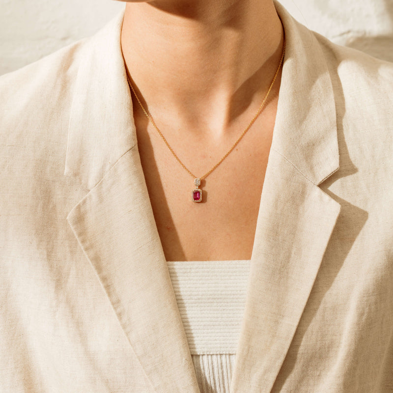 18ct Yellow Gold .71ct Rectangular Ruby & Diamond Pendant - Necklace - Walker & Hall