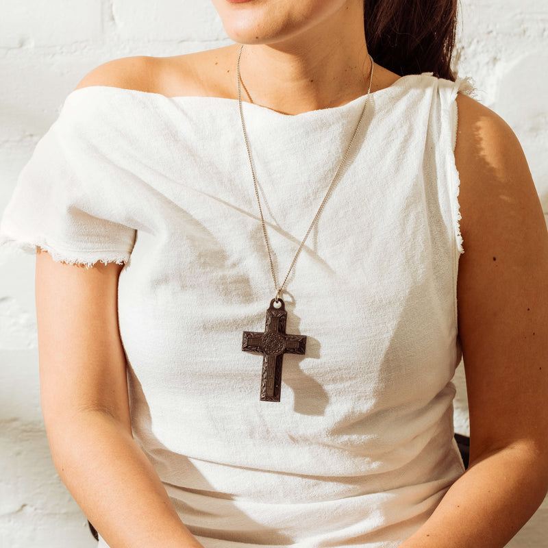 Deja Vu Vulcanite Cross with Sterling Silver Curb Chain - Necklace - Walker & Hall