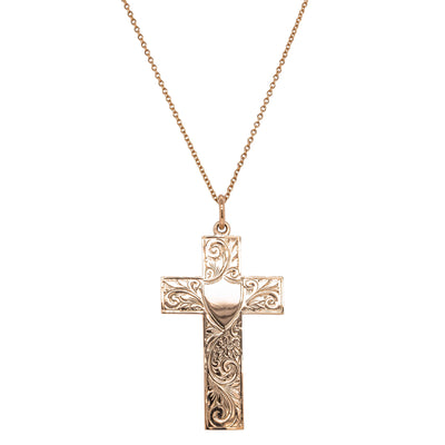 Vintage 9ct Rose Gold Engraved Cross Pendant - Necklace - Walker & Hall