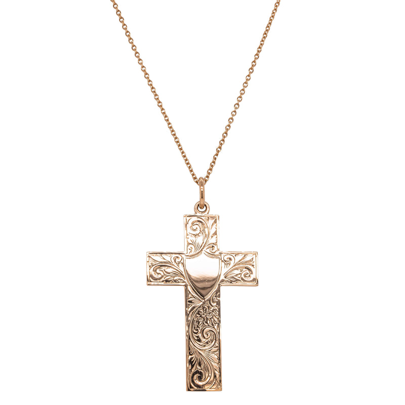 Vintage 9ct Rose Gold Engraved Cross Pendant - Necklace - Walker & Hall