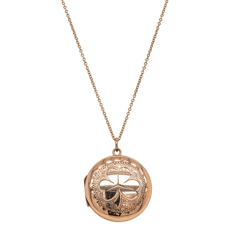 Deja Vu 9ct Rose Gold Round Locket with Shamrock - Necklace - Walker & Hall