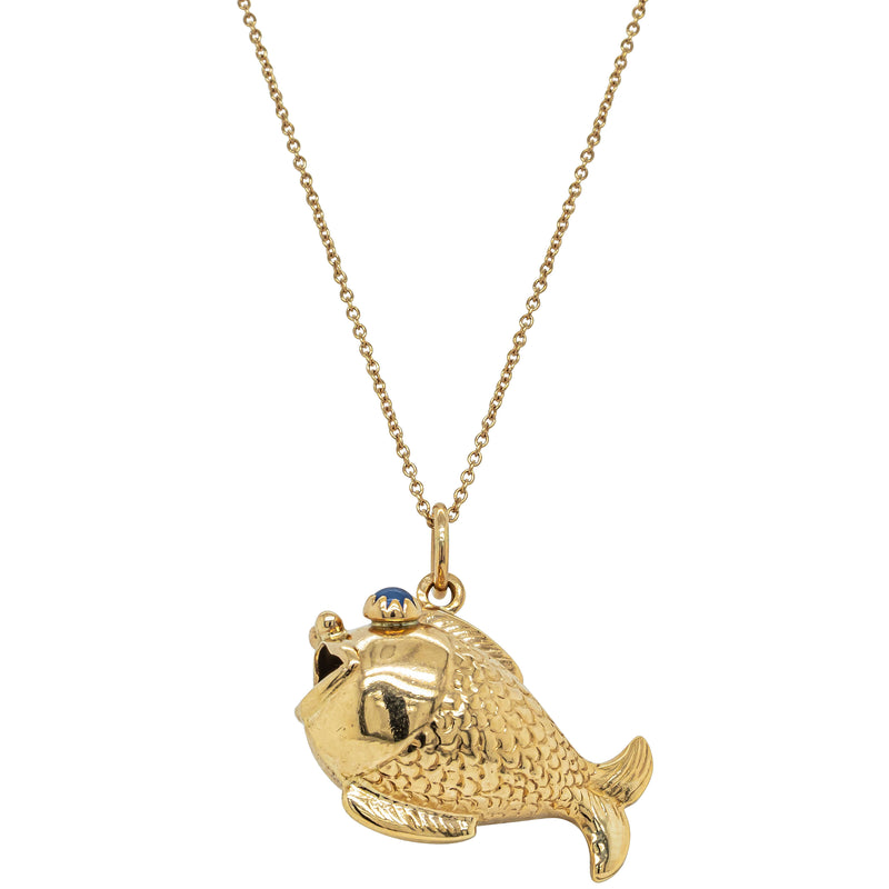 Vintage 9ct Yellow Gold Fish with Blue Agate Eyes Pendant - Necklace - Walker & Hall