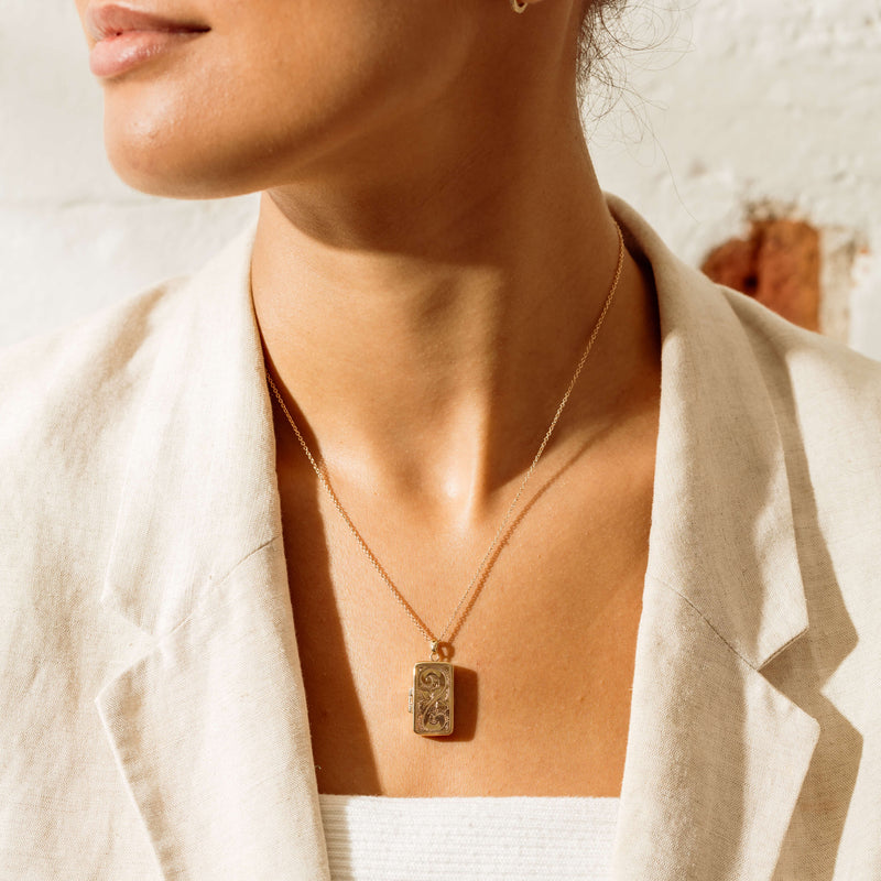 Deja Vu 9ct Yellow Gold Engraved Rectangular Locket - Necklace - Walker & Hall