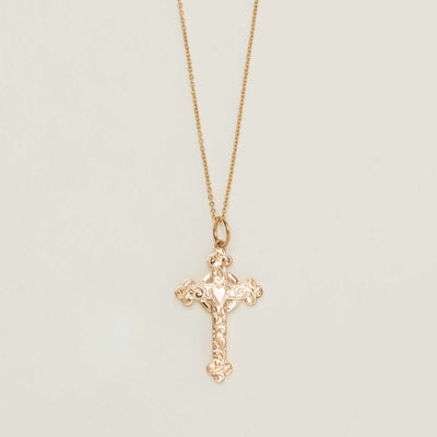 Vintage 9ct Rose Gold Hollow Gothic Engraved Cross Pendant - Necklace - Walker & Hall