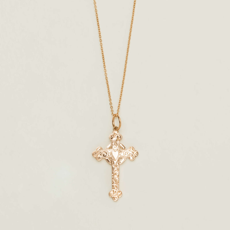Vintage 9ct Rose Gold Hollow Gothic Engraved Cross Pendant - Necklace - Walker & Hall