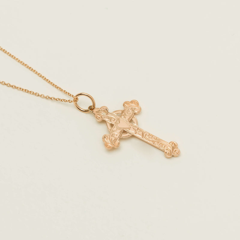 Vintage 9ct Rose Gold Hollow Gothic Engraved Cross Pendant - Necklace - Walker & Hall