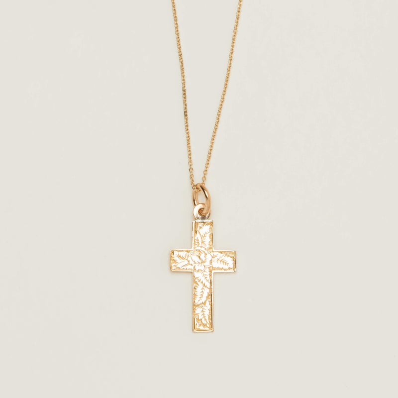 Vintage 9ct Rose Gold Foliate Engraved Cross Pendant - Necklace - Walker & Hall