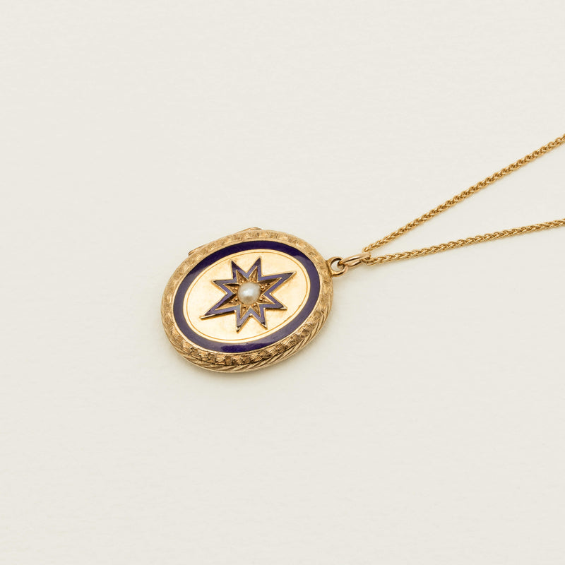 Vintage 18ct Yellow Gold Pearl & Enamel Locket - Necklace - Walker & Hall