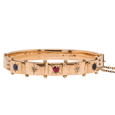 Vintage 9ct Rose Gold Gemstone & Diamond Hollow Hinged Bangle - Bracelet - Walker & Hall