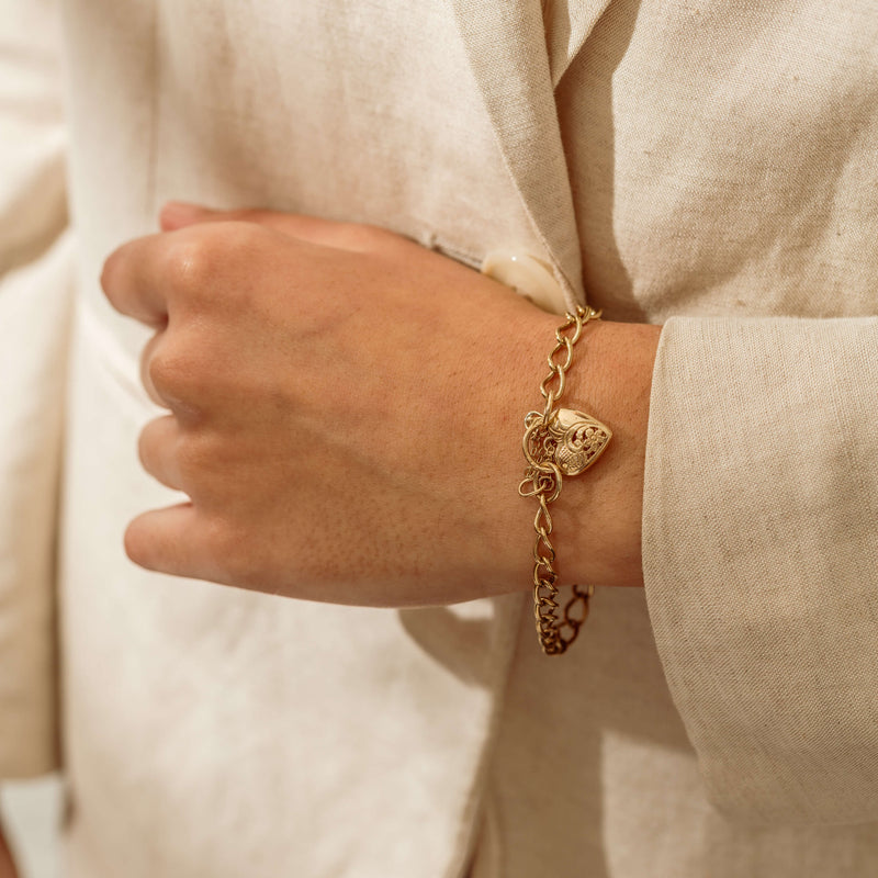 Deja Vu 9ct Yellow Gold Curb Bracelet With Floral Heart Padlock - Bracelet - Walker & Hall