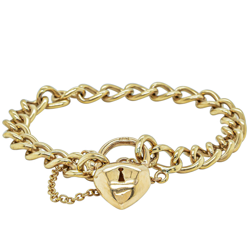 Deja Vu 9ct Yellow Gold Curb Bracelet With Puff Heart Padlock 19cm - Bracelet - Walker & Hall