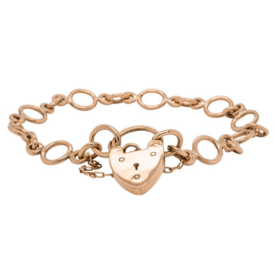 Deja Vu 9ct Rose Gold Round Link Bracelet With Flat Heart Padlock - Bracelet - Walker & Hall