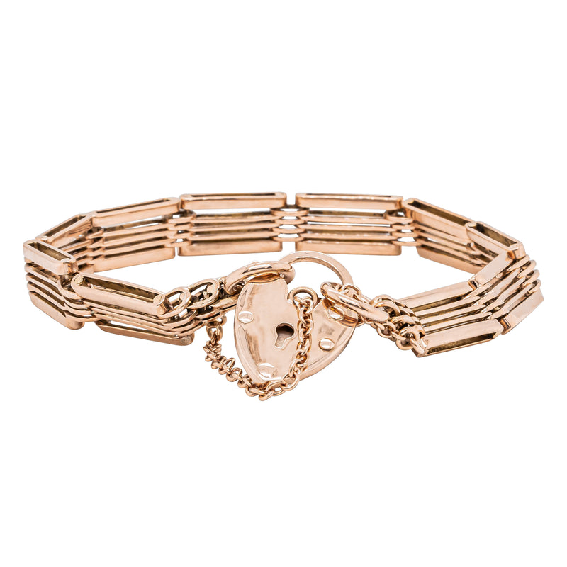 Deja Vu 9ct Rose Gold Gate Bracelet w/ Heart Padlock 19.5cm - Bracelet - Walker & Hall