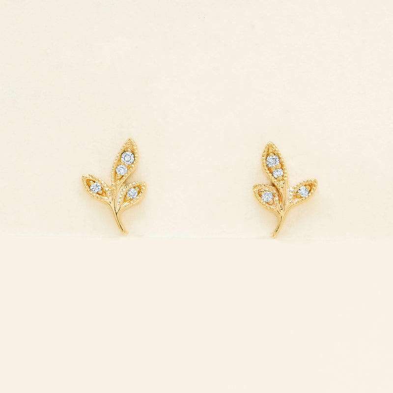 9ct Yellow Gold Diamond Leaf Studs - Earrings - Walker & Hall