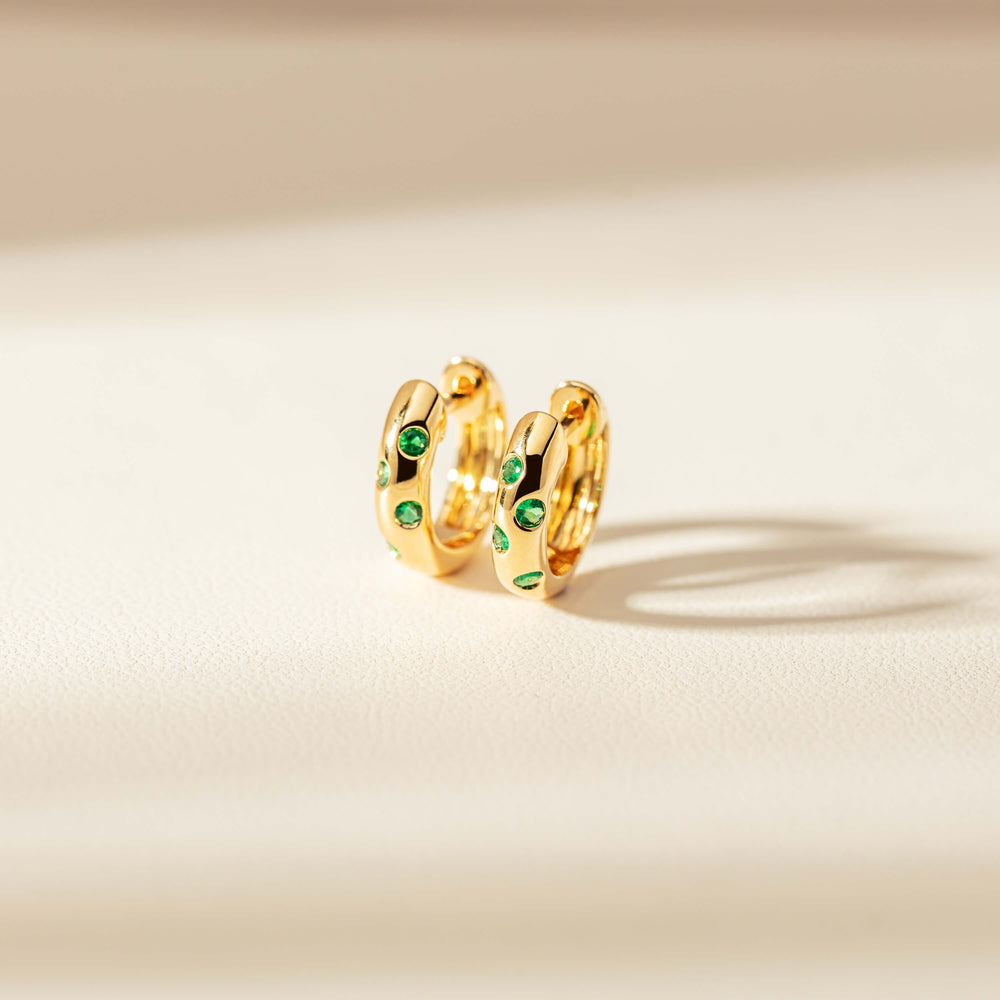 18ct Yellow Gold .13ct Emerald Lucky Huggie Earrings