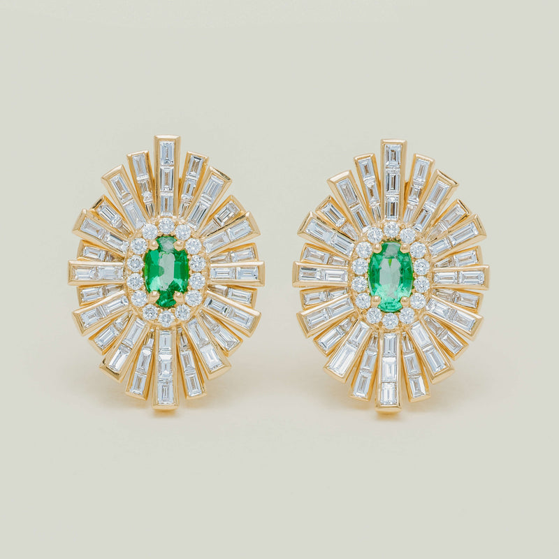 18ct Yellow Gold .45ct Emerald & Diamond Starburst Earrings - Earrings - Walker & Hall