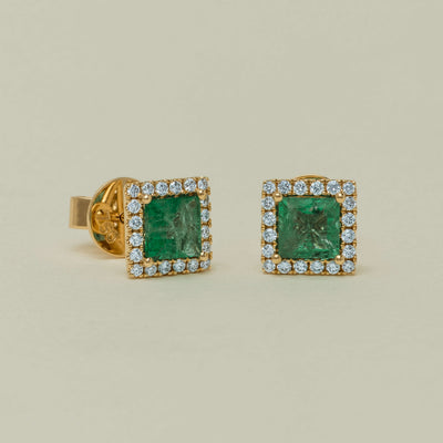 18ct Yellow Gold 1.48ct Emerald & Diamond Peony Stud Earrings - Earrings - Walker & Hall