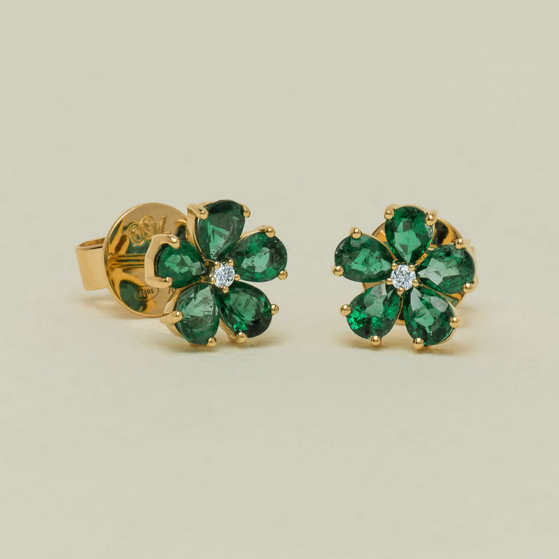 18ct Yellow Gold Emerald Forget-Me-Not Flower Earrings - Earrings - Walker & Hall