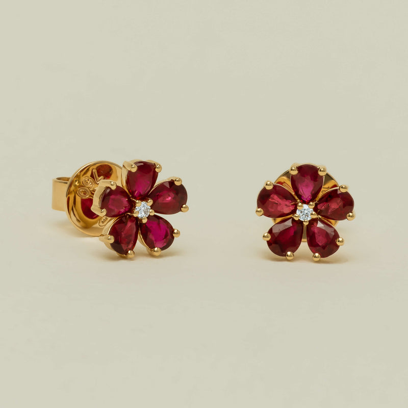 18ct Yellow Gold Ruby Forget-Me-Not Flower Earrings - Earrings - Walker & Hall