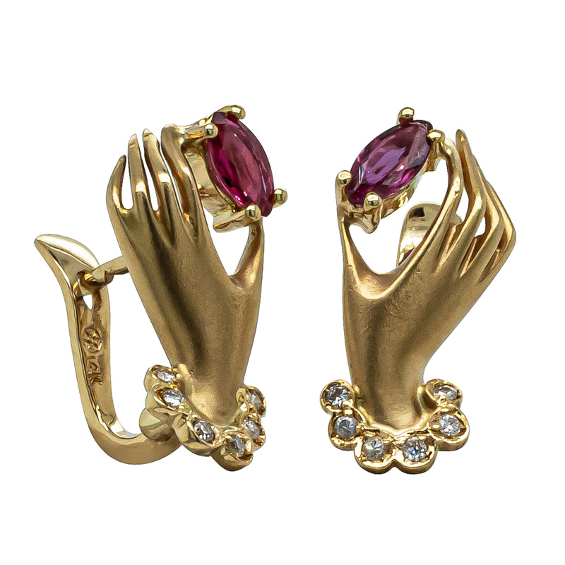 Deja Vu 14ct Yellow Gold Ruby and Diamond Hand Earrings - Earrings - Walker & Hall