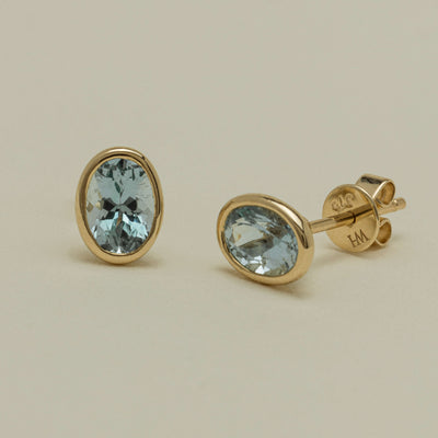 9ct Yellow Gold Aquamarine Rubover Set Stud Earrings - Earrings - Walker & Hall