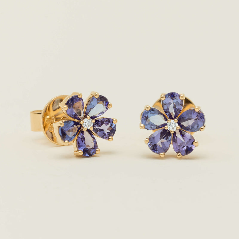 18ct Yellow Gold Tanzanite Forget-Me-Not Flower Earrings - Earrings - Walker & Hall