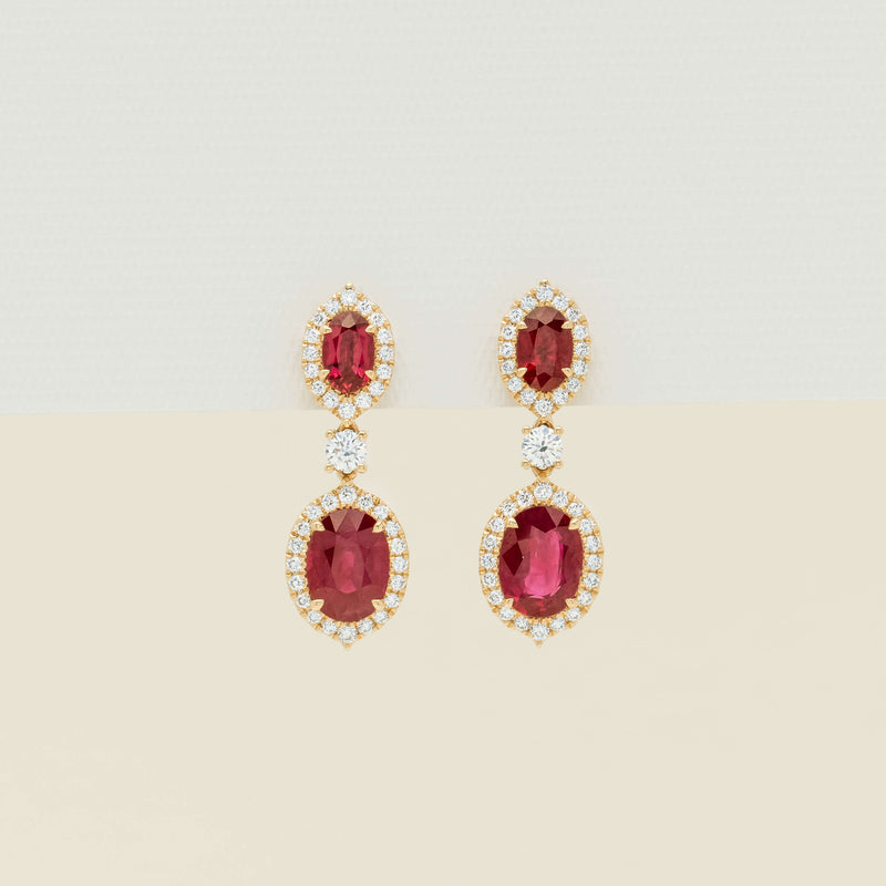 18ct Yellow Gold 4.04ct Ruby & Diamond Drop Earrings - Earrings - Walker & Hall