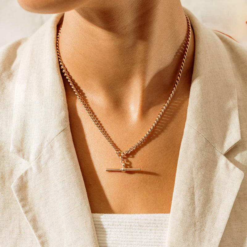 Vintage 9ct Rose Gold Double Graduated Curb Fob Chain - Necklace - Walker & Hall