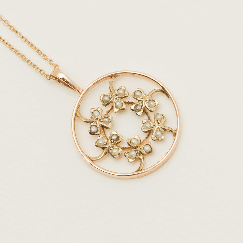 Vintage 9ct Rose Gold Seed Pearl Shamrock Pendant - Necklace - Walker & Hall