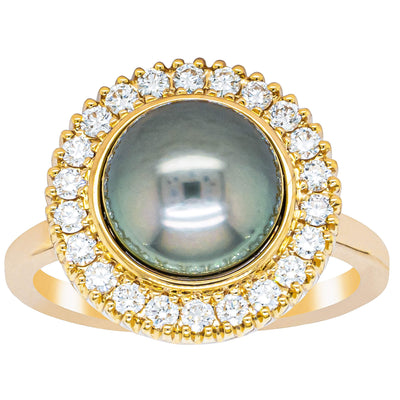 18ct Yellow Gold 9mm Tahitian Black Pearl & Diamond Daisy Ring