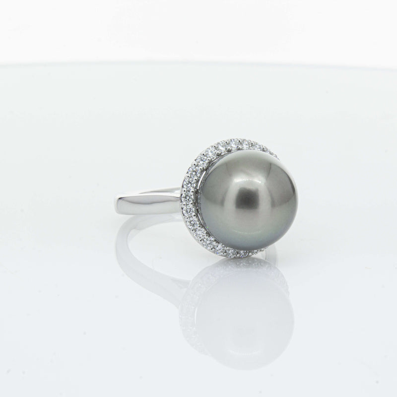 18ct White Gold Tahitian Black Pearl & Diamond Callisto Ring-Ring-Walker & Hall