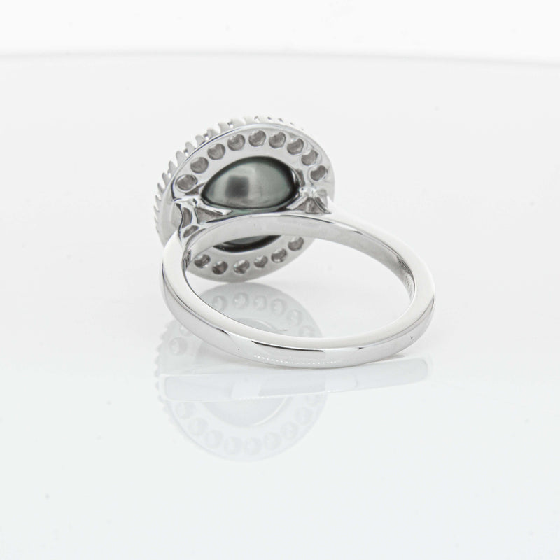 18ct White Gold 9.1mm Tahitian Black Pearl & Diamond Daisy Ring-Ring-Walker & Hall