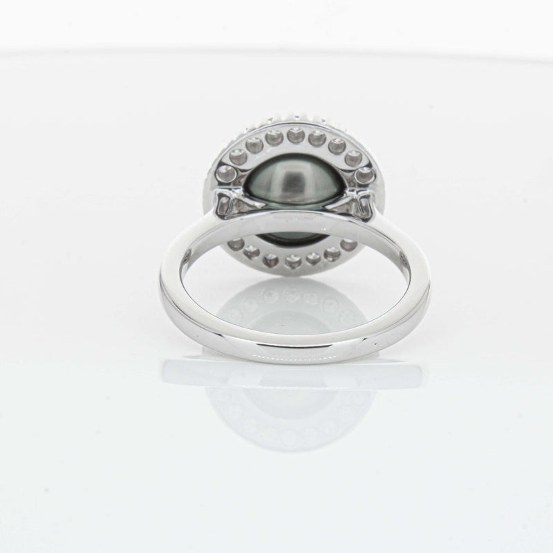 18ct White Gold 9.1mm Tahitian Black Pearl & Diamond Daisy Ring-Ring-Walker & Hall