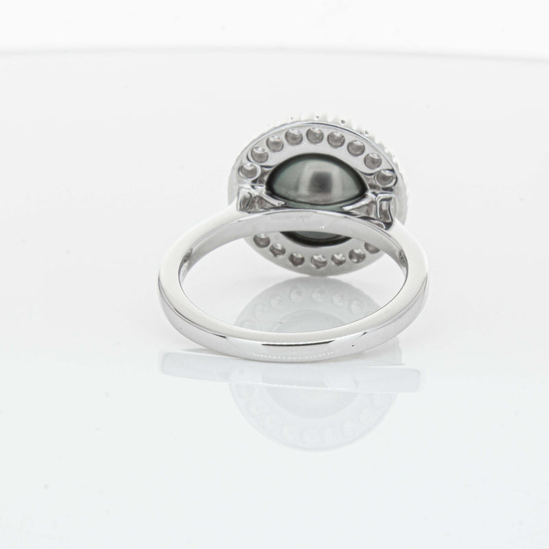 18ct White Gold 9.1mm Tahitian Black Pearl & Diamond Daisy Ring-Ring-Walker & Hall