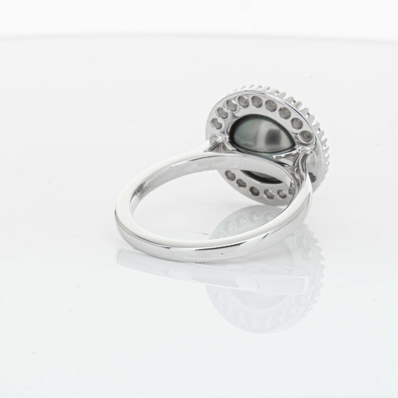 18ct White Gold 9.1mm Tahitian Black Pearl & Diamond Daisy Ring-Ring-Walker & Hall