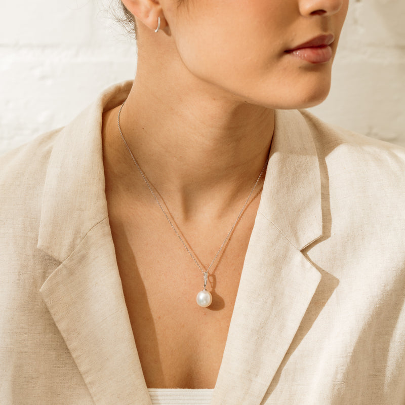 18ct White Gold 12.2mm South Sea Pearl & Diamond Pendant - Necklace - Walker & Hall