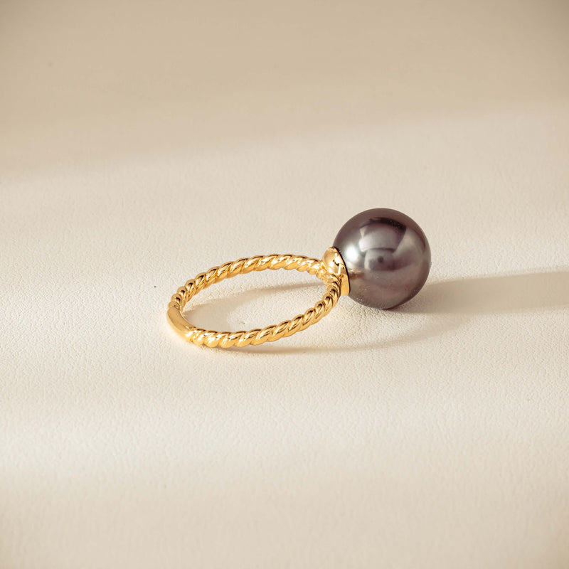 18ct Yellow Gold 12mm Black Pearl Twine Ring - Ring - Walker & Hall