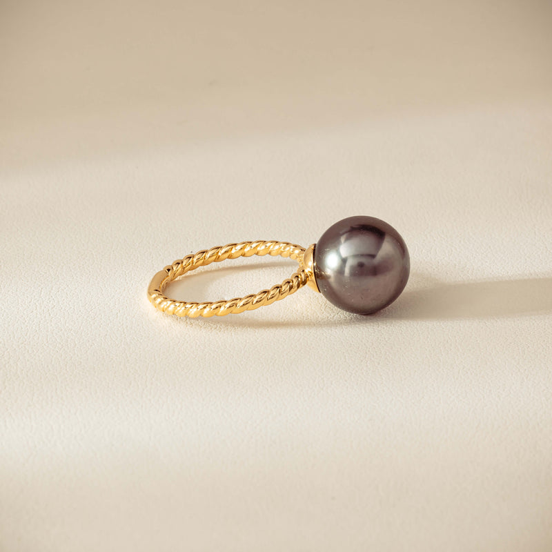 18ct Yellow Gold 12mm Black Pearl Twine Ring - Ring - Walker & Hall